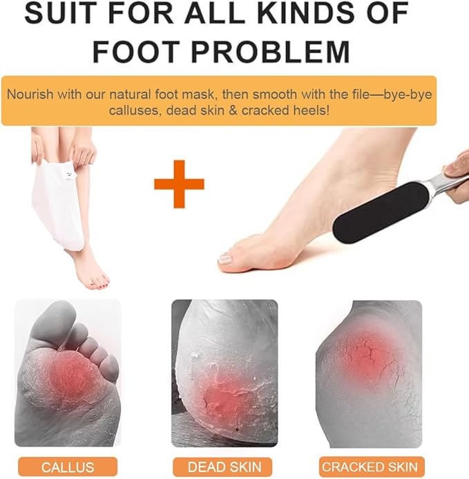 Professional Stainless Foot File & Rasp Callus Remover - Remove Hard & Dead Skin, Dual Sided for Wet and Dry Feet, Innovative Pedicure Solution with 2pcs Foot Mask Set