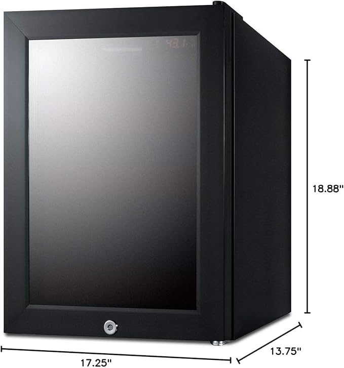 Summit Appliance LX114LRT1 BeautiFridge Compact Cosmetics Cooler with Mirror-Tinted Glass Door, Black; Digital Thermostat, Automatic Defrost, Factory Installed Lock, Bottle Shelf, Adjustable Shelves