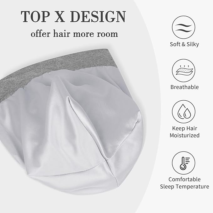 Fittia Satin Hair Bonnet for Sleeping, Silky No Frizzy for Curls Care, Adjustable Strap for Non-Slip, Dreadlocks Cap for Women&Men Light Grey