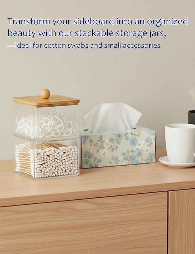 Cotton Swab Holder with Bamboo Lid, Clear PS Qtip Container, Double Layer Stackable Bathroom Organizer for Cotton Balls & Pads, Vanity Storage, Dorm Room Essentials, Small Space Decor