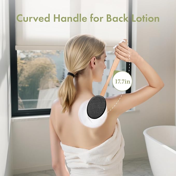 AmazerBath Lotion Applicator for Back, Feet, 2 Replacement Pads with 17" Curved Handle, Back Sunscreen Applicator for Kids, Elderly, Women, Apply Cream Medicine Moisturizer Tanner, Black