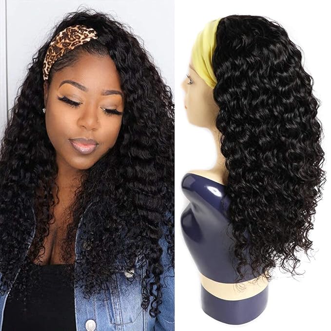 XSY Curly Headband Wig Human Hair 10 Inch Short Deep Wave Headband Wigs for Black Women Brazilian Virgin Glueless None Lace Front Wigs 150% Density Natural Color