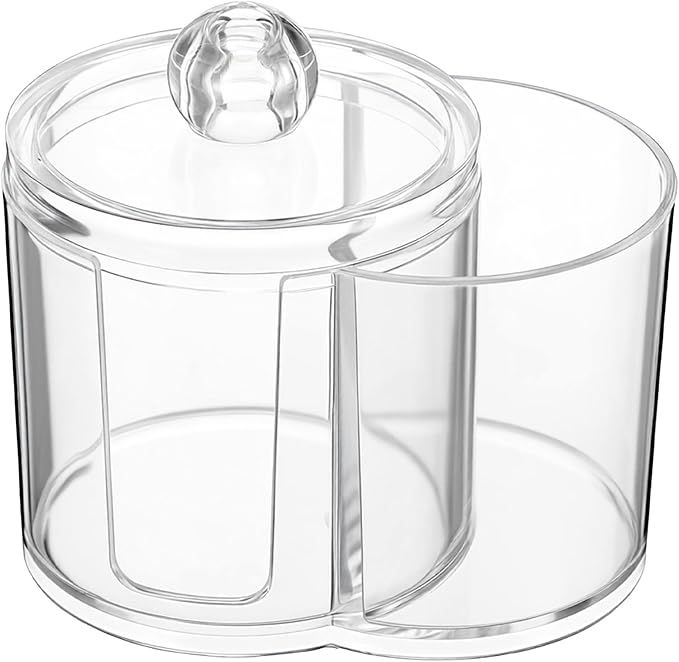 Yolev Qtip Holder with Dual Compartments Clear Cotton Round Holder Plastic Vanity Canister with Removable Dustproof Lid Cotton Swab Container for Cottons Swabs Makeup Storage Container Accessories
