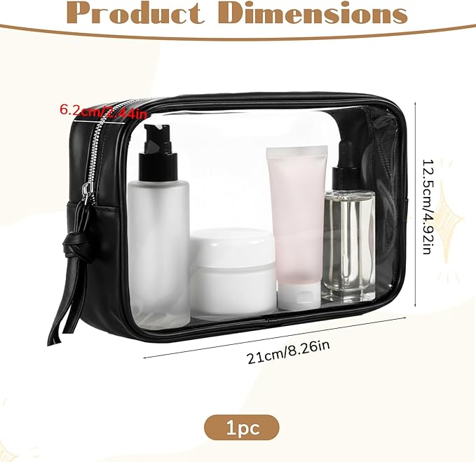 Clear Makeup Bag, PU Leather Small Toiletry Pouch Portable Travel Makeup Pouch Transparent Waterproof Cosmetic Organizer with Zipper for Women Home Travel Office Cosmetic Storage (Black)