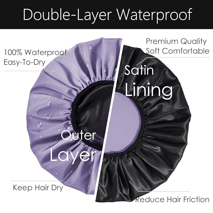 Auban Extra Large Shower Cap, Double-Layer Waterproof Reusable Satin Lining Shower Bonnet for Women Long Hair, Braids, Locs, perms (Purple)