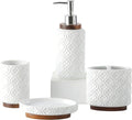 Elegant Bathroom Accessories Set 4 PCS Ceramic and Wood Bathroom Accessory Set Soap Dispenser Toothbrush Holder Tumbler Soap Dish Easy to Clean Quatrefoil Pattern White