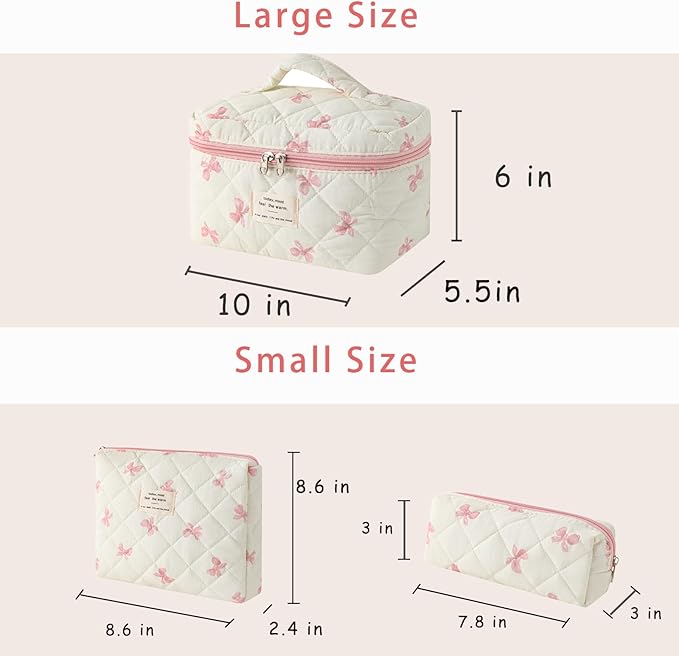 uekeboag 3Pcs Quilted Cotton Makeup Bag,Coquette Quilted Toiletry Bag for Women and Girls,Floral Coquette Pouch,Cute Kawaii Travel Cosmetic Bags(3Pcs Little Pink Bow)