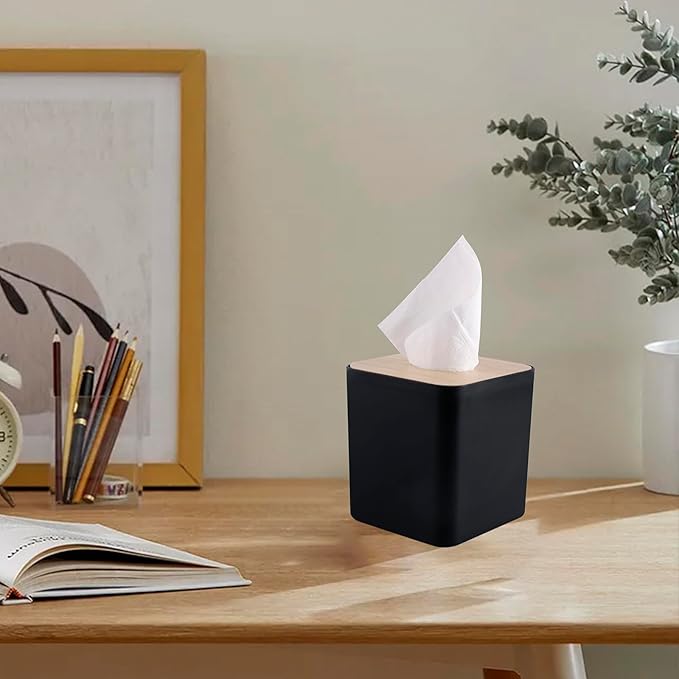 Square Tissue Box Cover,Black Tissue Box Holder,Bamboo Facial Cube Box Cover for Storage on Bathroom Vanity, Countertop, Bedroom Dresser