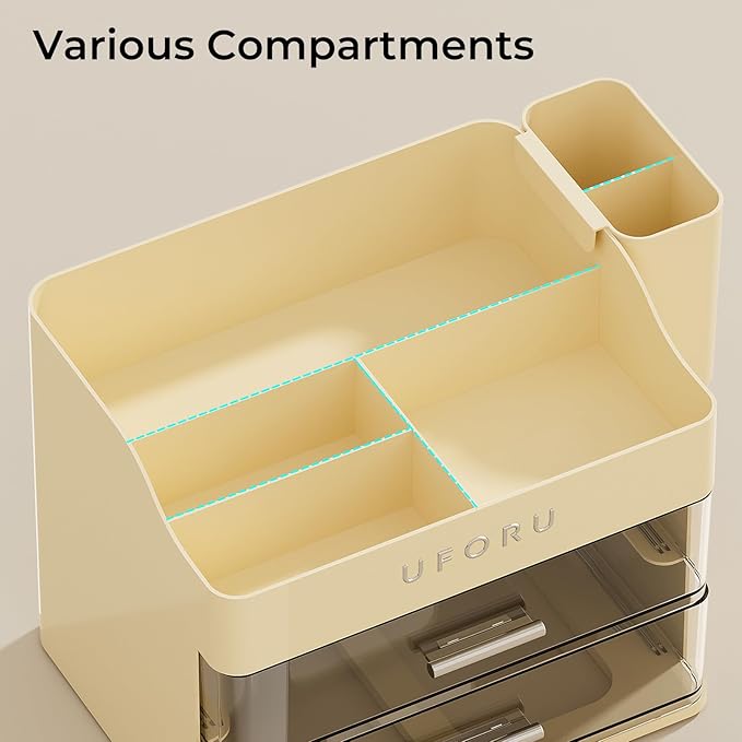 Makeup Organizer for Vanity with Brush Holder, Countertop Skincare Organizer with 2 Drawers, Spacious Cosmetic Display Case for Perfumes, Eyeshadow Palettes, Nail Polishes