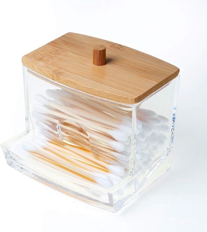 NAGU Acrylic Qtip Holder with Bamboo Lid, Clear Small Cotton Swab Dispenser, Plastic Ear Stick Swabs Holder, Square Toothpick Storage Container, Bathroom Countertop Decorative Storage Organizer