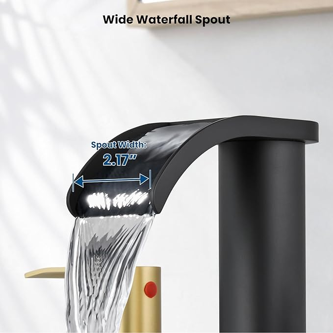 gotonovo Waterfall 8 inch Widespread Bathroom Faucet Set Bathroom Sink Faucet 3 Hole 2 Handle Vanity Lavatory Deck Mount with Pop Up Drain and Water Supply Lines Round Body Brushed Gold and Black