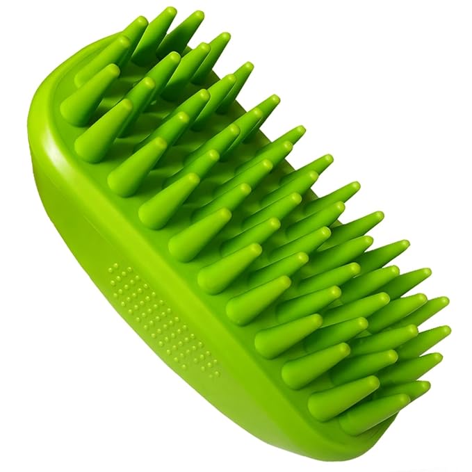 Rubber Curry Brush for Dog & Cat, Soft Curry Comb with Long Pins, Pet Silicone Brush for Short & Long Hair, Use Wet as Bath Scrubber or Dry for Grooming