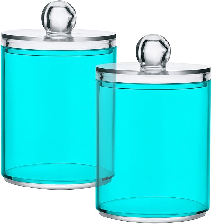 Teal Green Qtip Holder Organizer Dispenser Cotton Swabs Cans Plastic Jars with Lid Set 4 Pack Bathroom Storage Canister for Cotton Ball Floss Cotton Pads