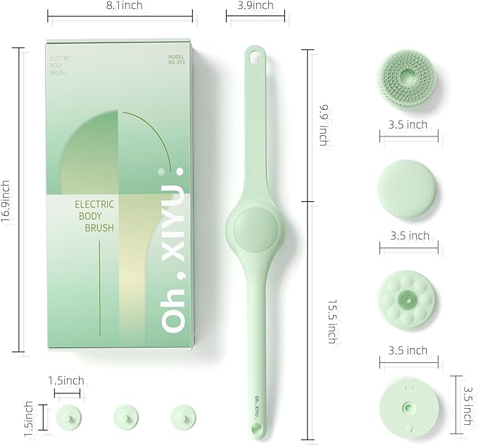 Electric Body Brush Back Scrubber for Shower, Waterproof Long Dual Handle Body Scrubber with 3 Heads, Bath Brush & 2 Speeds, for Cleansing, Exfoliating and Massaging Skin, Pale Cypress Green