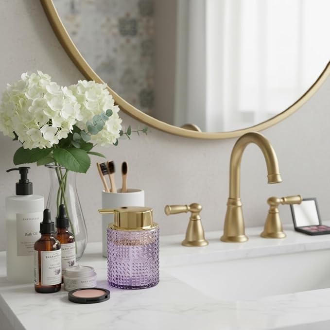 Foaming Soap Dispenser, Purple Glass Foam Soap Dispenser with Gold Pump, Refillable 10oz Lotion Liquid Container Pump Bottle for Bathroom Kitchen Countertop