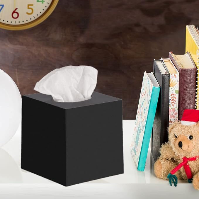 2 Pack Black Tissue Box Cover – Square Tissue Box Holder for Bathroom Accessories Countertop, Decorative Tissue Cover and Square Cube Holder for Modern Home, Office or Dresser Décor