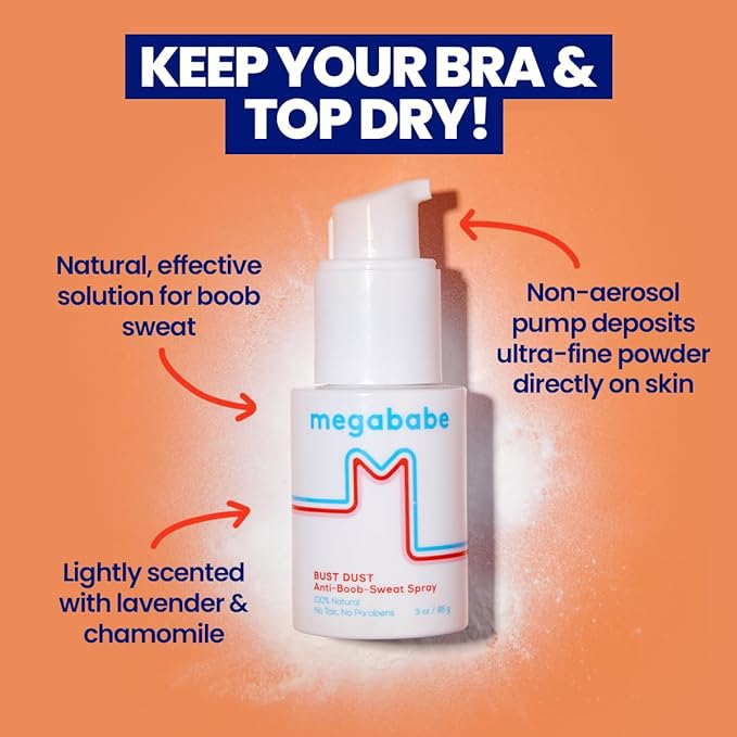 Megababe Sweat Absorbing Body Powder - Bust Dust, with Applicator Pump, Spring Break Must-Have, Talc-Free, All Natural, 3 oz