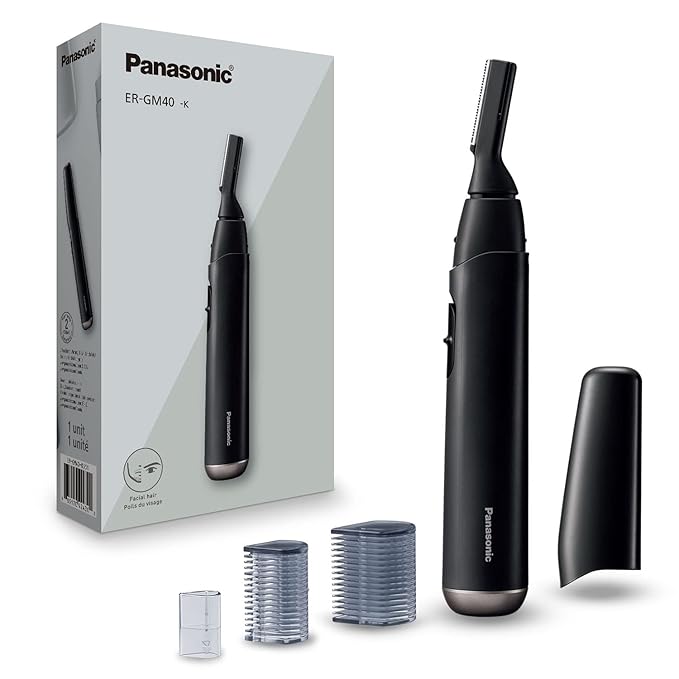 Panasonic Facial Hair Trimmer for Sensitive Skin, Unisex Detailer with Flexible Head, Gentle on Acne, Includes 2 Eyebrow Attachments, Wet/Dry Facial Trimmer for Men and Women - ER-GM40-K (Black)