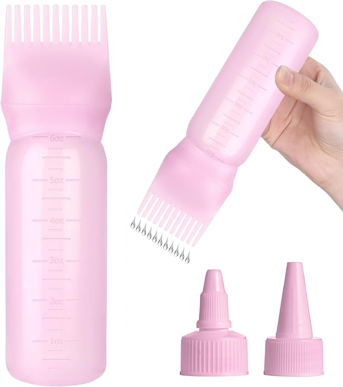 Root Comb Applicator Bottle Oil Applicator for Hair Dye Hair Oiling Bottle with 2 Type Caps and Graduated Scale, 6 Ounce (Pink)
