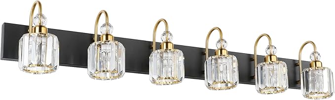 Ralbay Crystal Vanity Lights 6-Lights Modern Crystal Bathroom Vanity Lights Over Long Mirror Modern Black Gold Bathroom Vanity Lighting Fixtures