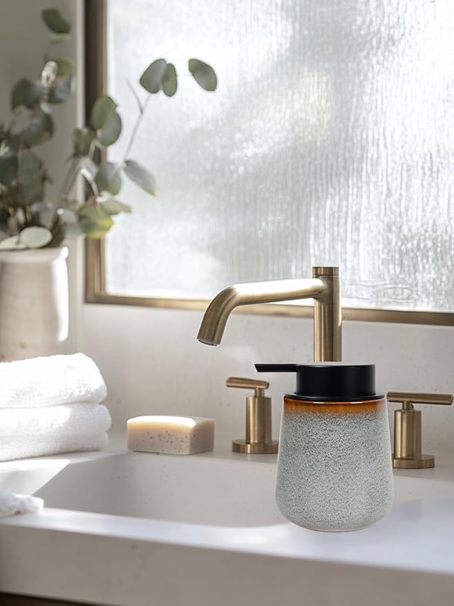 INGOFIN Ceramic Foaming Soap Dispenser -12oz Foam Hand Soap Dispenser Bathroom, Modern Refillable Dish Wash Soap Bottle for Kitchen with Large Pump,Kiln-Glazed
