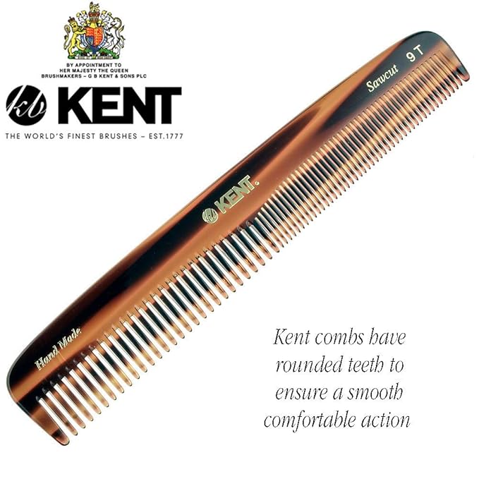 Kent 9T Double Tooth Dressing Table Comb, Tortoise Fine and Wide Tooth Coarse/Fine Dresser Comb for Hair, Beard, Mustache Styling, Grooming - For Men, Women, and Kids, Made in England