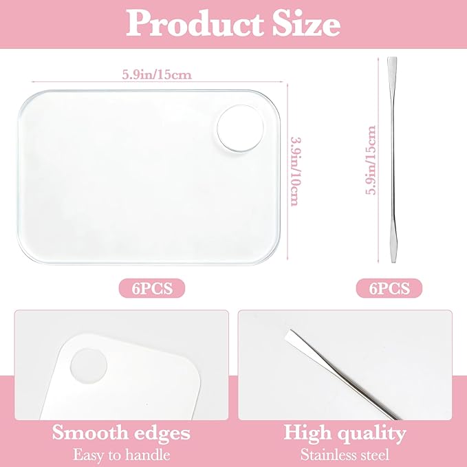 WCHOSOZH 6Pcs Acrylic Makeup Mixing Palette, Makeup Tray with 6 Metal Spatula Tool Set, Clear Foundation Mixing Palette for Beauty Cosmetic Color Liquid Artist Pigment Blending