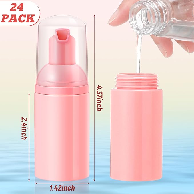 24 Pcs Foam Pump Bottles 1 Oz/ 30 ml Plastic Mini Empty Dispenser Travel Soap Foaming Bottles for Refillable Hand Sanitizer Lash Shampoo(Pink)