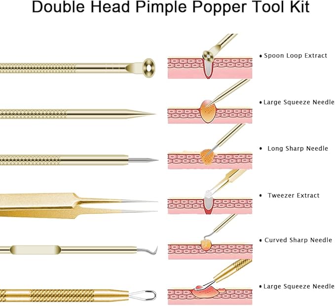 Pimple Popper Tool Kit 6 Pcs Blackhead Remover Acne Needle Tools Set Removing Treatment Comedone Whitehead Popping Zit for Nose Face Skin Blemish Extractor Tool - Gold