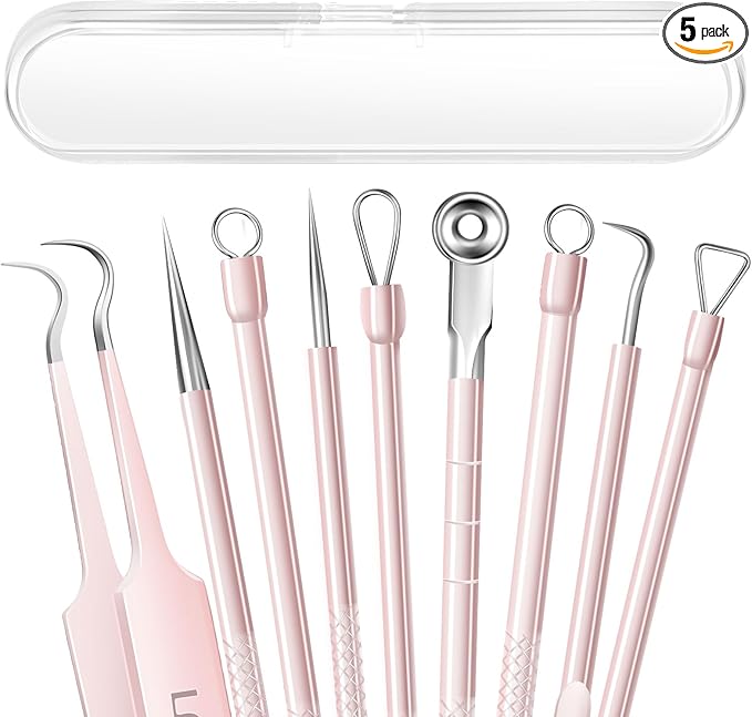 5PCS Blackhead Remover Pimple Popper Tool Kit, Professional Stainless Pimple Acne Blemish Removal Tools Kit for Face (Pink)