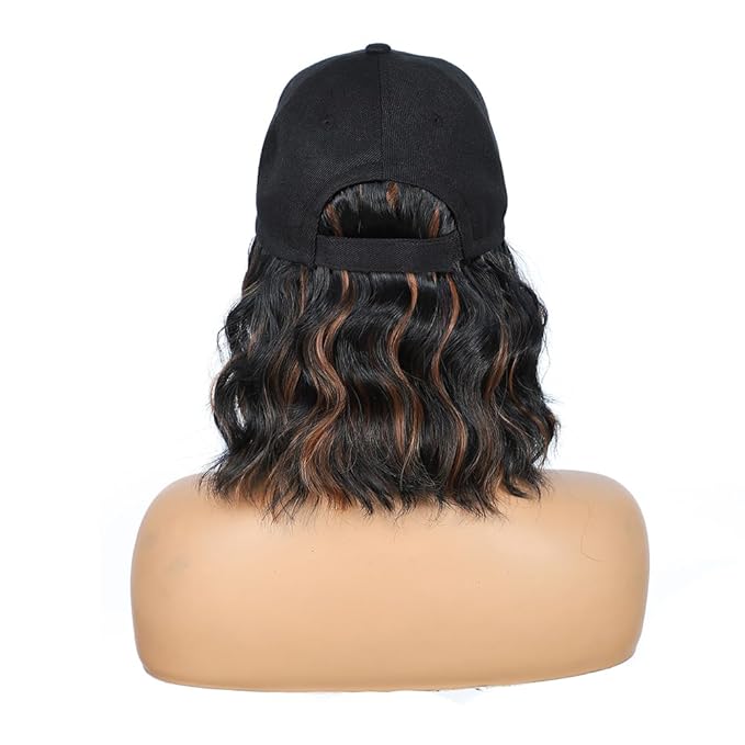 GUOJIAN Hat Wigs for Women 6' Short Wave Baseball Cap Wigs with Curly Hair Extensions Synthetic Wave Wig Adjustable Hat with Hair Attached for Daily Use (1B/30, 6inch)