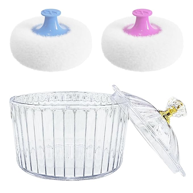 3 Pcs Body Powder Puff and Container, 3.15 inch Large Soft Face Body Powder Puff Dish Fluffy for Women