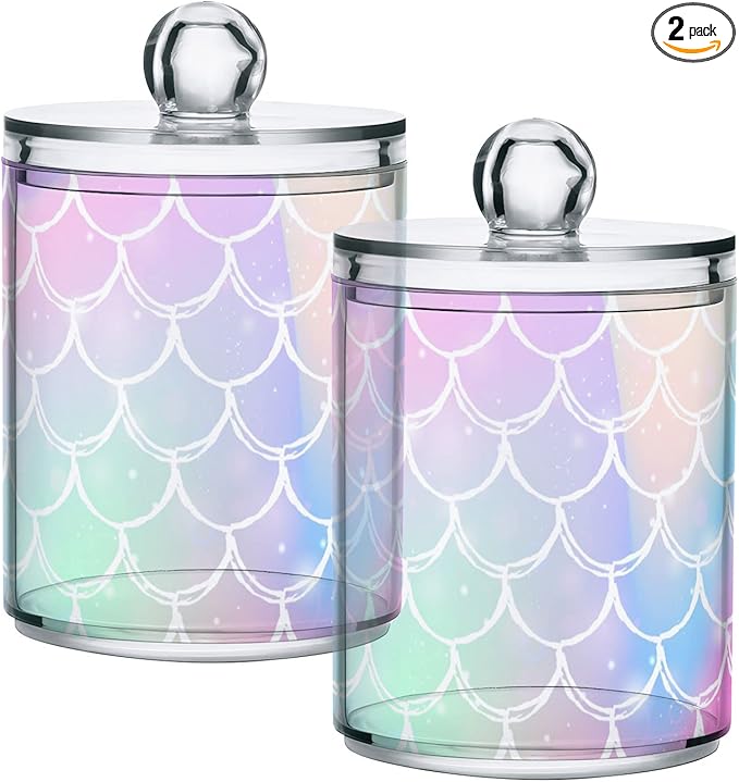 2 Pack Qtip Holder Dispenser for Cotton Ball Rainbow Scales Mermaid Cotton Swab Cotton Round Pads Clear Plastic Acrylic Jar Set Bathroom Canister