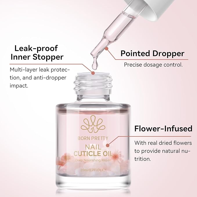 Born Pretty Cuticle Oil for Nails 20ML Cuticle Nail Oil Infused with Real Flowers,Repairs Cuticles Overnight,Moisturizes and Strengthens Nails and Cuticles,Fast Soothing Deep Nourishment
