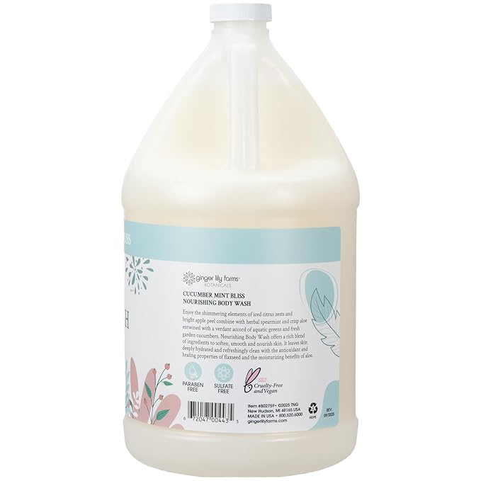 Ginger Lily Farms Botanicals Nourishing Body Wash, 100% Vegan & Cruelty-Free, Cucumber Mint Bliss Scent, 1 Gallon (Pack of 4)