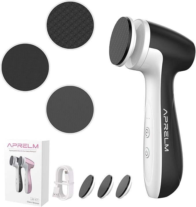 Rechargeable Electric Foot Callus Remover with 3 Glass Grinding Heads, Professional 1000RPM 3-Speed Control Electric Foot File (E7 Black Glass Version)