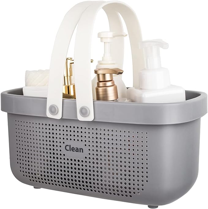 JiatuA Plastic Storage Basket with Handle Portable Shower Caddy Tote Organizer Basket Bin for Bathroom Kitchen Dorm Room Bedroom, Gray