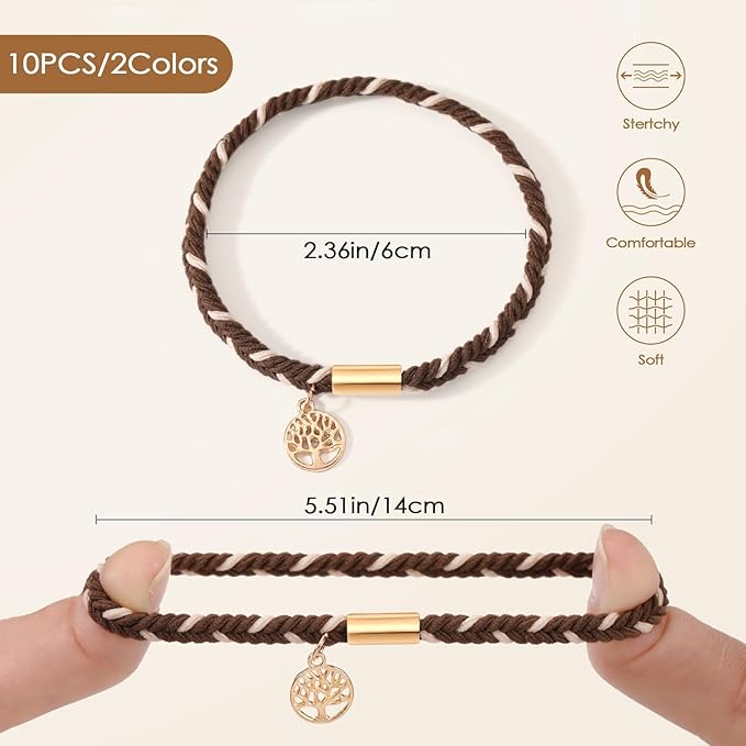 SYGY 10 PCS Boho Hair Ties, Bracelets for Thick & Thin Hair, 5 Styles No Damage, Dark Coffee Colors