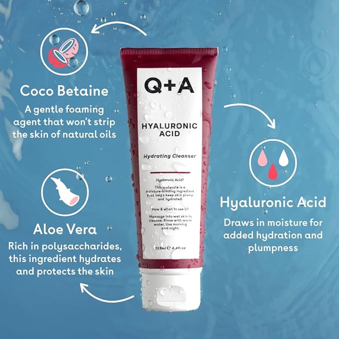 Q+A Hyaluronic Acid Hydrating Cleanser (125ml), Gentle Foaming Cleanser, Face Wash with Aloe Vera and Coco Betaine, Hydrating and Non-Drying, Fragrance Free Skincare