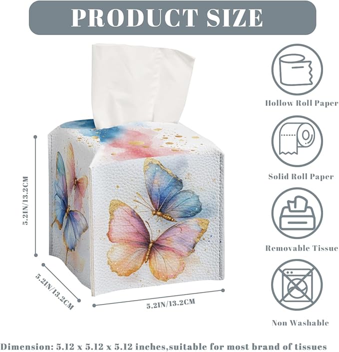 Butterfly Tissue Box Cover Metallic Gold Accents Blue Orange Wing Art Square PU Leather Waterproof Tissue Box Holder for Car Bathroom Bedroom Office Tabletop Decor