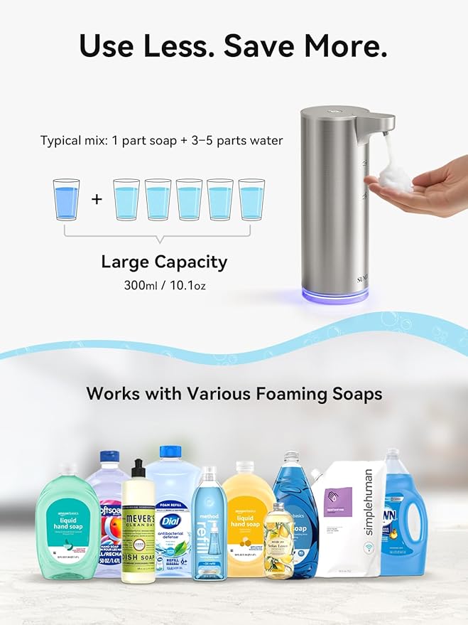 SUNLY Automatic Foam Soap Dispenser, 0.2s Fast Sensor, USB-C Rechargeable, Smudge-Resistant Stainless Steel, Touchless Liquid & Foaming Soap Dispenser for Bathroom, Kitchen, Hotel, Silver