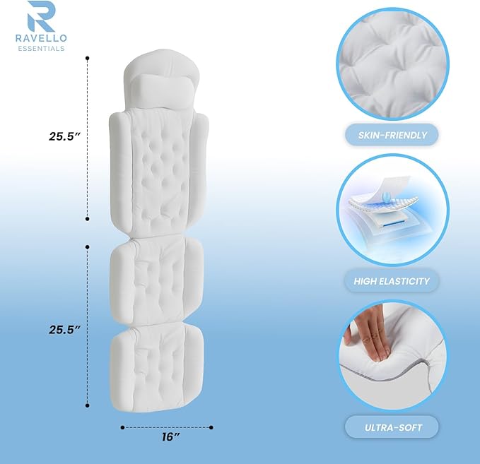 Bath Pillow for Tub 4D Air Mesh Fabric Plush Bathtub Pillow for Neck & Back Support, Hot Tub Pillow with 6 Non-Slip Suction Cups, Spa Pillow for Relaxation and Comfort (Full Body White)