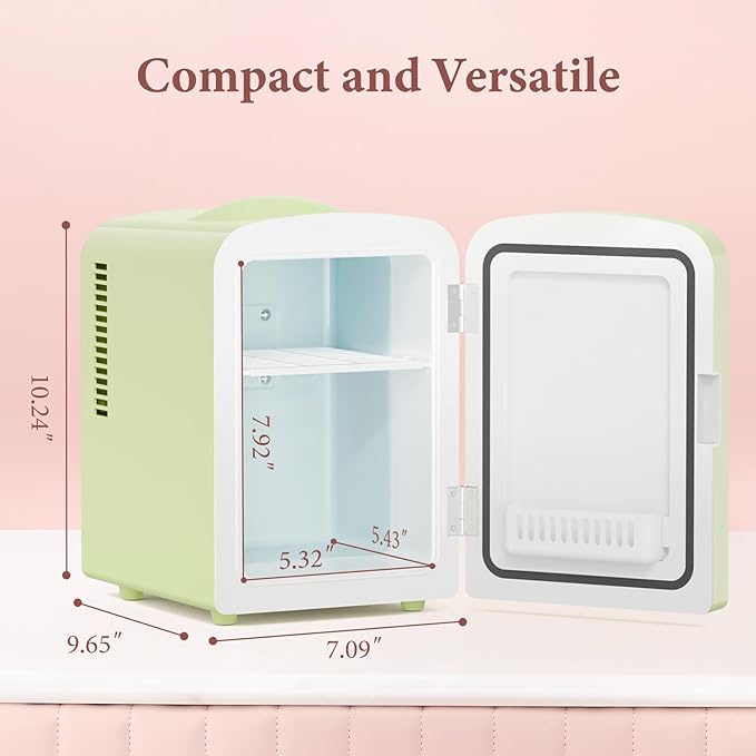 Xbeauty Skincare Mini Fridge With Dimmable LED Mirror, 4L Mini Makeup Refrigerator for SkinCare, Cosmetics, Food & Drinks, Portable Small Refrigerator for Bedroom, Dorm, Car, Office, Green
