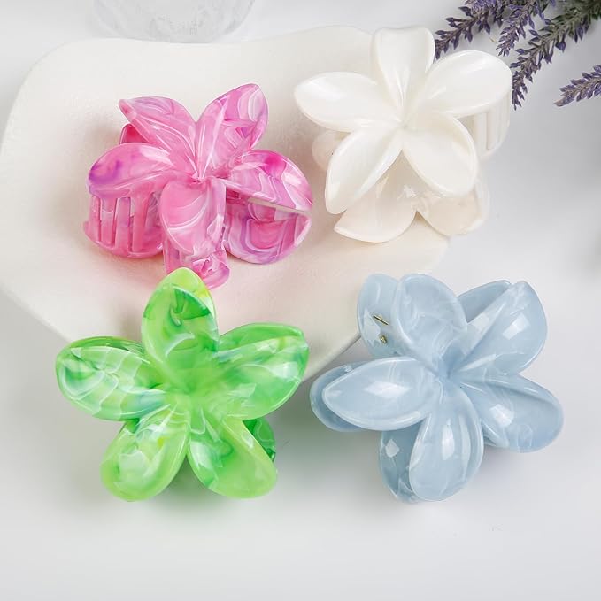 Large Hawaiian Flower Hair Claw Clips for Women, 4Pcs Tropical Plumeria Hair Clips for Thick and Thin Hair, Strong Hold Marble Texture Nonslip Beach Hair Claw Clips Summer Hair Accessories Gift