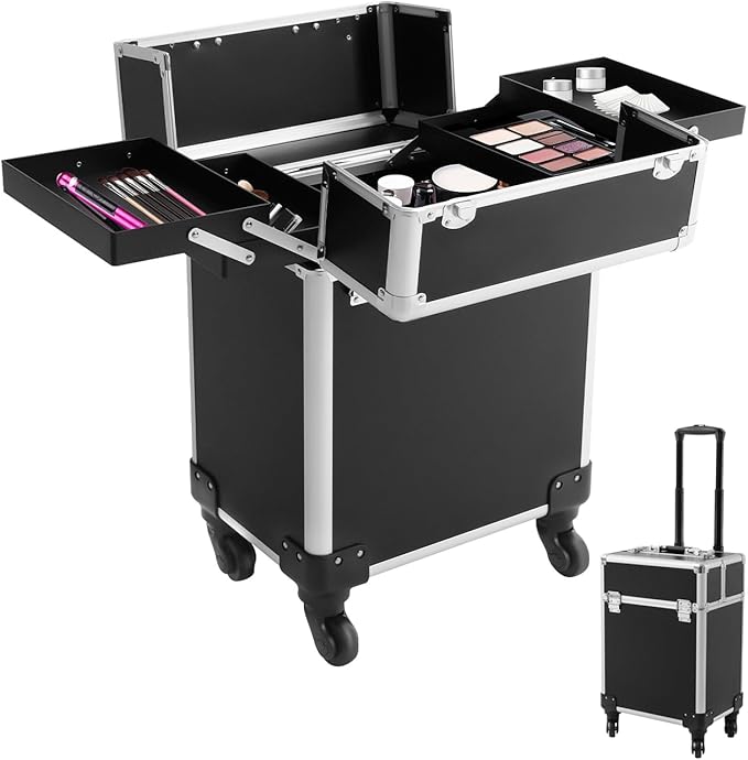 Black Rolling Makeup Case, Professional Cosmetic Box Storage on Wheels, Large Make Up Train Carrying Cases w/4 Organizer Trays, Cosmetic Case Trolley with Locks for Makeup/Nail Art/Hair Styling