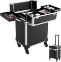 Black Rolling Makeup Case, Professional Cosmetic Box Storage on Wheels, Large Make Up Train Carrying Cases w/4 Organizer Trays, Cosmetic Case Trolley with Locks for Makeup/Nail Art/Hair Styling