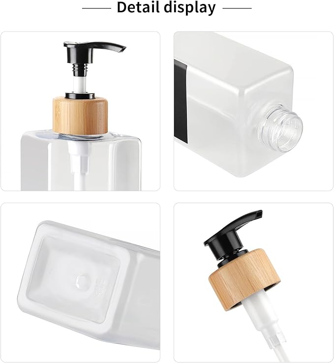 Shampoo and Conditioner Dispenser, Set of 3 16.9oz Refillable Shower Bottles Soap Dispenser with Waterproof Labels, Empty Plastic Bamboo Pump Body Wash Dispenser Set for Bathroom Hotel Tawny