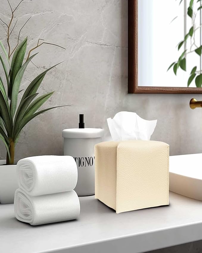 Tissue Box Cover Tissue Holder – Square Leather Tissue Box Holder with Bottom Belt [JESMINI, Beige] Modern PU Leather Tissues Cube Box Cover for Bathroom Countertop/Night Stands/Office