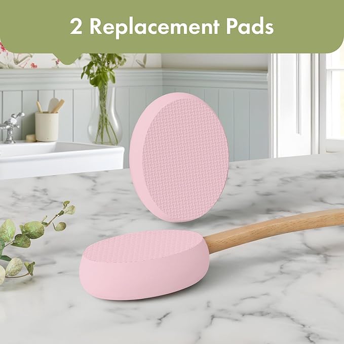 AmazerBath Lotion Applicator for Back, Feet, 2 Replacement Pads with 17" Curved Handle, Back Sunscreen Applicator for Kids, Elderly, Women, Apply Cream Medicine Moisturizer Tanner, Pink