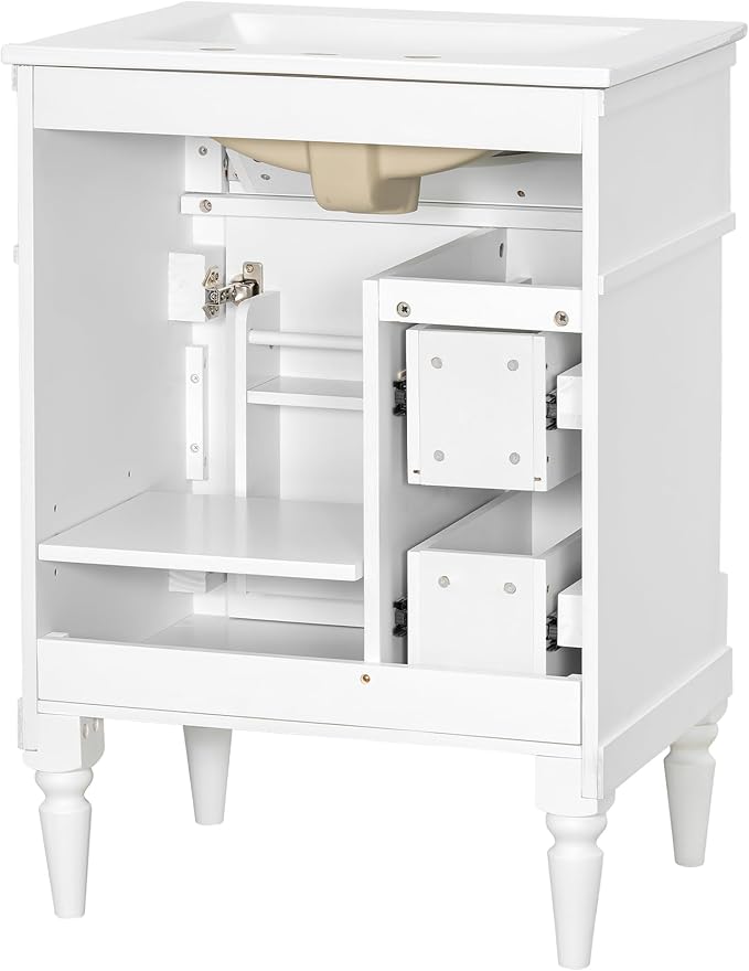 Harper & Bright Designs 24" Bathroom Vanity with Sink, Free Standing Bathroom Vanity Set with Flip Drawer, 2 Drawers, and Adjustable Shelf, Wood Storage Cabinet with Ceramic Basin for Bathroom, White
